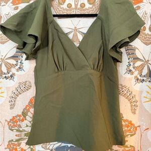 Vixen by Micheline Pitt Olive Green Flutter Sleeve Blouse